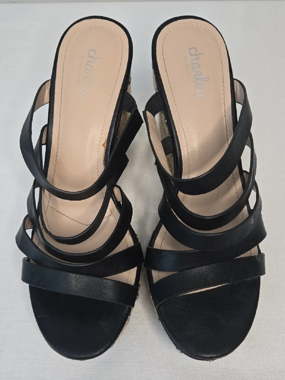 Charles David Black Leather Strappy Espadrille Wedge Sandals
